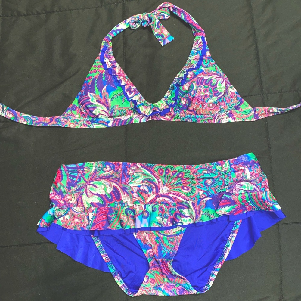 BECCA paisley bikini with ruffled halter top and skirt styled bottoms